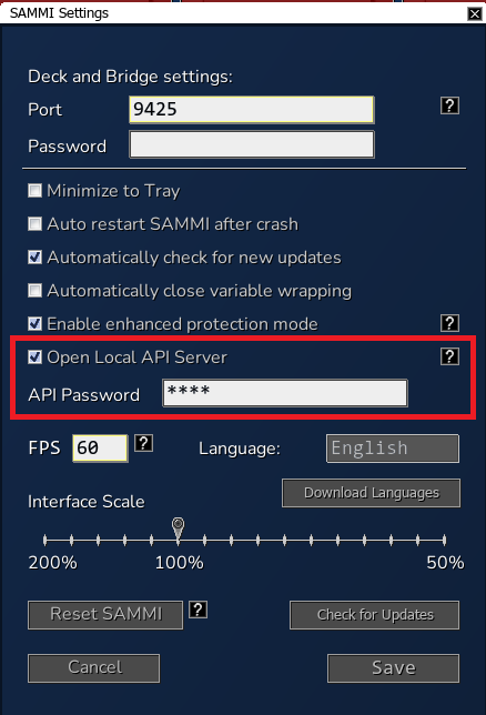 SAMMI API Settings