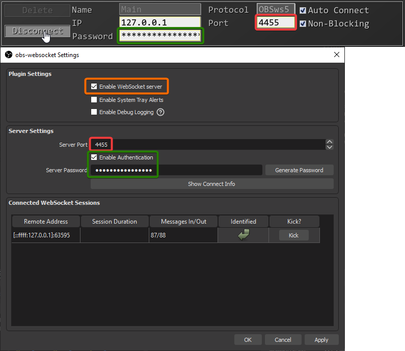 OBSWS settings in SAMMI and OBS must match